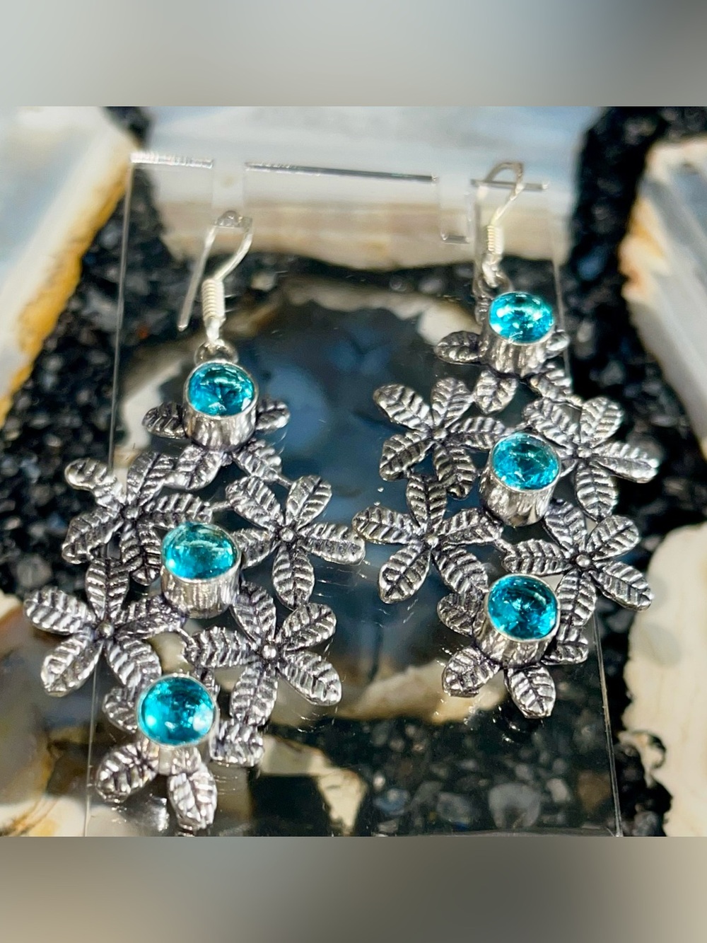 Faceted Blue Glass Beads Earrings 2 1/2”